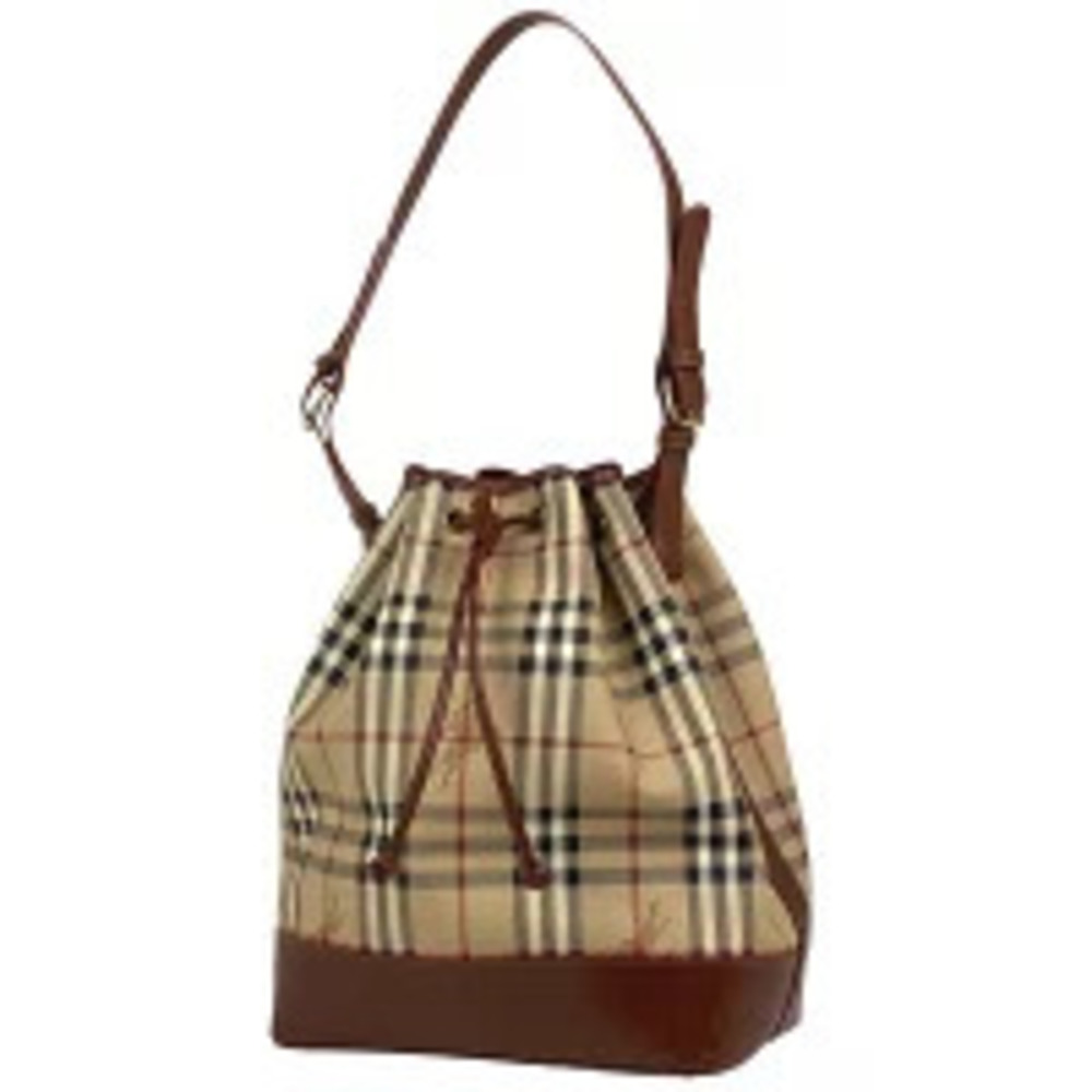 Burberry Check Shoulder Bag Drawstring Canvas Beige Brown